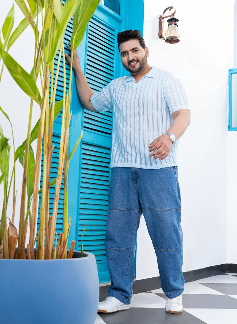 Instafab Plus  Men's Baby Blue Duo-Striped Relaxed Polo T-Shirt for Men | Best Price UAE
