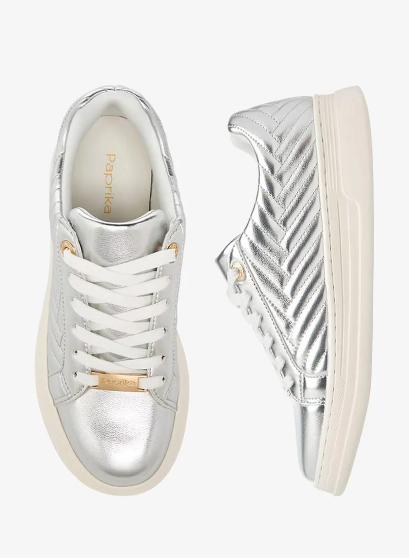 Paprika SILVER Women's Quilted Metallic Sneakers With Lace-Up Closure for Women | Best Price UAE