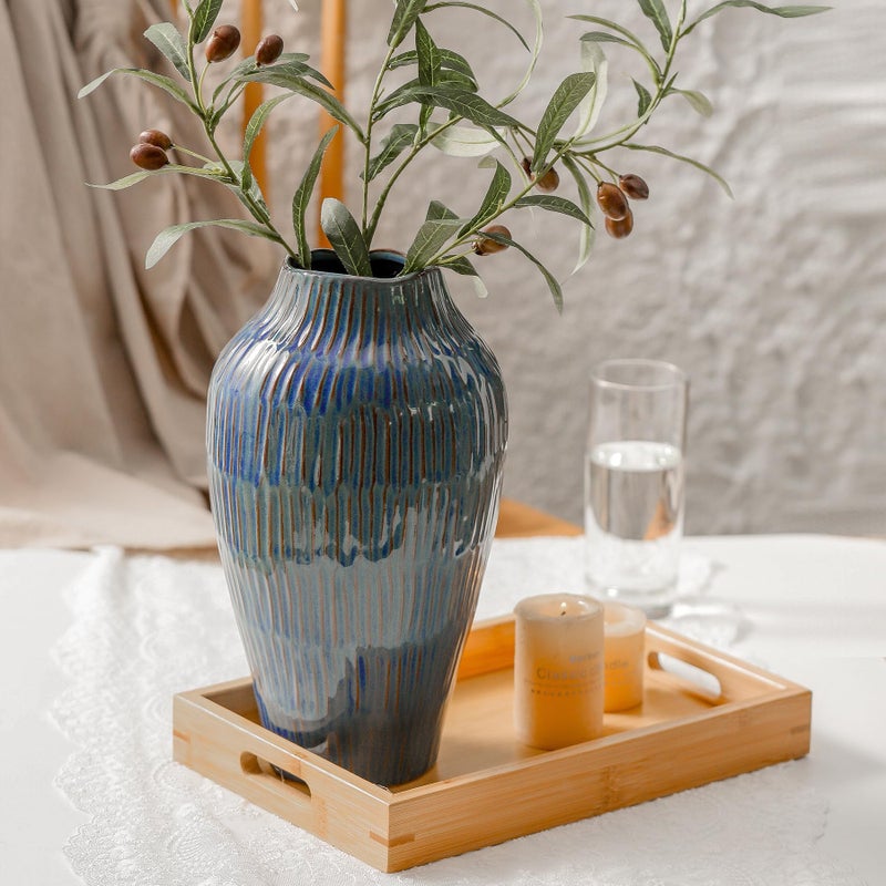 Uiddo Blue Ceramic Vase for Home Decor,11.6 Inch Flower Vaseï¼ŒDecorative Vases for Pampas Grassï¼ŒModern Art Texture Vases for Home Entryway Living Room Dining Table Farmhouse Office Decor-Blue - Image 5