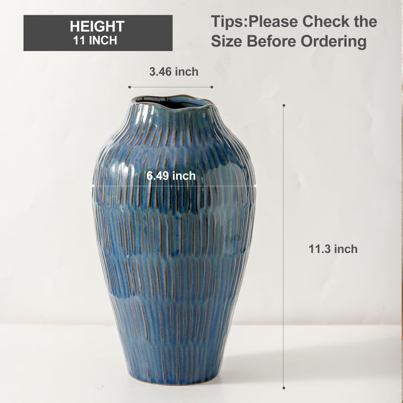 Uiddo Blue Ceramic Vase for Home Decor,11.6 Inch Flower Vaseï¼ŒDecorative Vases for Pampas Grassï¼ŒModern Art Texture Vases for Home Entryway Living Room Dining Table Farmhouse Office Decor-Blue - Image 2