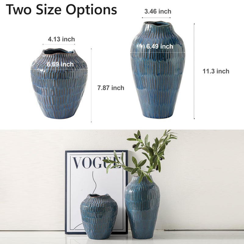 Uiddo Blue Ceramic Vase for Home Decor,11.6 Inch Flower Vaseï¼ŒDecorative Vases for Pampas Grassï¼ŒModern Art Texture Vases for Home Entryway Living Room Dining Table Farmhouse Office Decor-Blue - Image 3