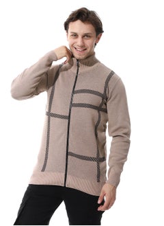 Andora Zip Through Neck Knitted Sweater _ Buff Beige & Black  - Image 1