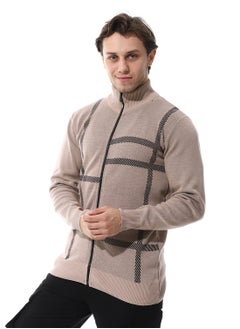 Andora Zip Through Neck Knitted Sweater _ Buff Beige & Black  - Image 2