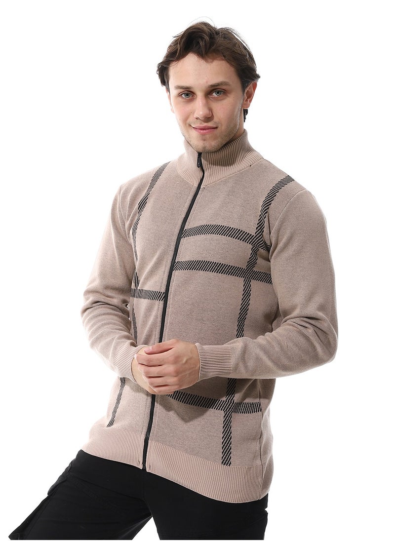 Andora Zip Through Neck Knitted Sweater _ Buff Beige & Black  - Image 2