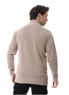 Andora Zip Through Neck Knitted Sweater _ Buff Beige & Black  - Image 3