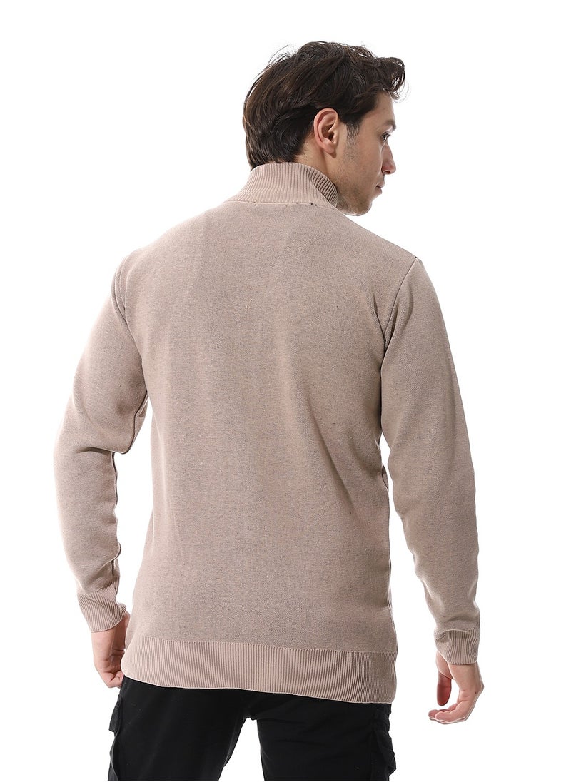 Andora Zip Through Neck Knitted Sweater _ Buff Beige & Black  - Image 3