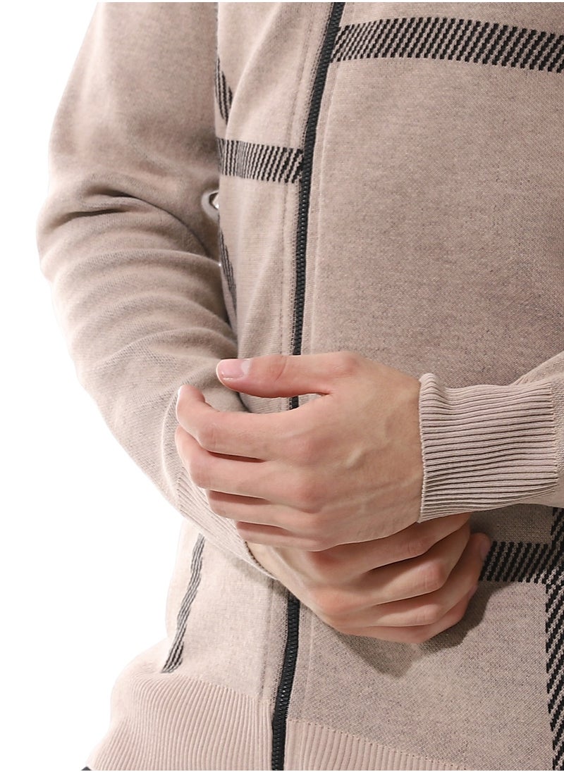 Andora Zip Through Neck Knitted Sweater _ Buff Beige & Black  - Image 4