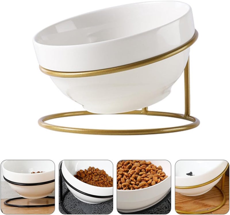 Ceramic Cat Dog Feeder Bowl with Tilted Iron Stand, Raised Pet Feeding Bowl for Neck Protection, Household Elevated Pet Food Dish for Cats and Small Dogs Random Style - Image 4