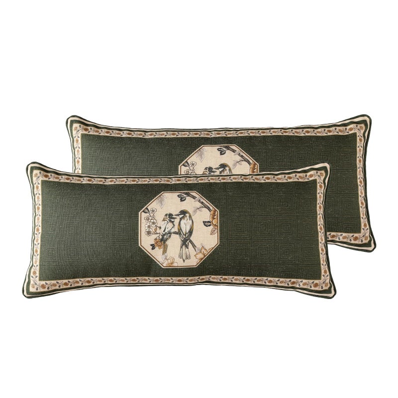 ISAENNE Design Linen Chinoiserie Lumbar Throw Pillow Covers 12"x28" Pack of 2, Farmhouse Cushion Covers with Yellow Floral Birds Pattern Decoration Pillowcases for Bed,Living Room,Outdoor,Car - Image 1