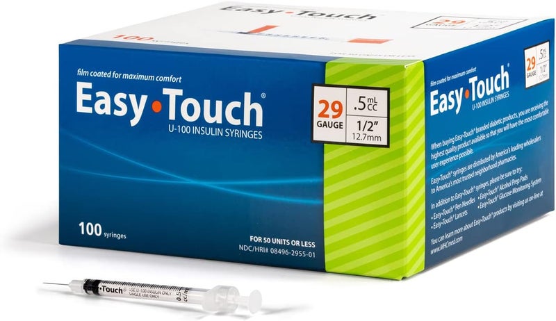 EasyTouch U-100 Insulin Syringe with Needle, 29G 0.5cc 1/2-Inch (12.7mm), Box of 100 - Image 1