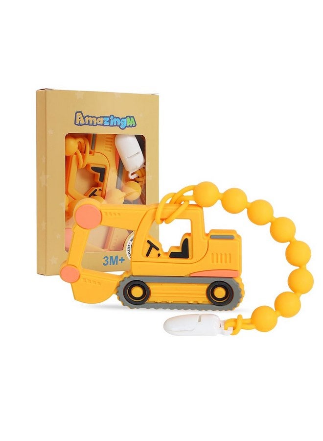AmazingM Baby Food Grade Silicone Carrier Vehicle Teether Toy with One Piece Design Pacifier Clip Holder,Teething Pain Relief Toys Gift Set for 3 Months+ Boys and Girls,Freezer Safe,BPA Free. (Excavator) - Image 1