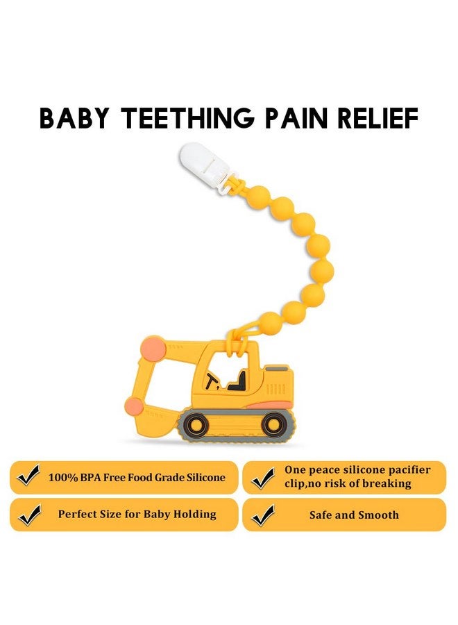 AmazingM Baby Food Grade Silicone Carrier Vehicle Teether Toy with One Piece Design Pacifier Clip Holder,Teething Pain Relief Toys Gift Set for 3 Months+ Boys and Girls,Freezer Safe,BPA Free. (Excavator) - Image 2