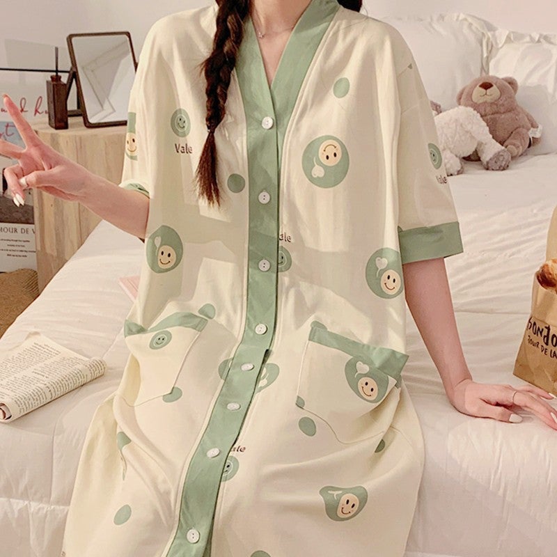 Breastfeeding Dress Pure Cotton Postpartum Clothes Nursing Clothes For Pregnant Women Sleepwear Summer Outing Maternity Dress 58002 Dot Smiley 