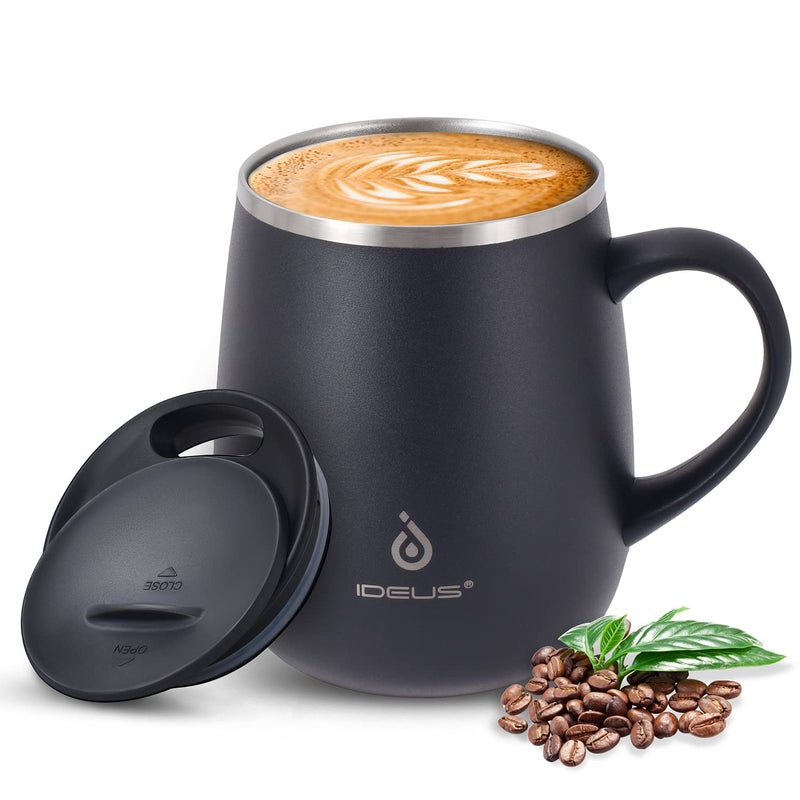Ideus 16 oz Insulated Coffee Mug with Handle and Lid Double Wall Stainless Steel Vacuum Thermal Coffee Mug Travel Coffee Cup Thermal Cup for Home and Office Storm Black
