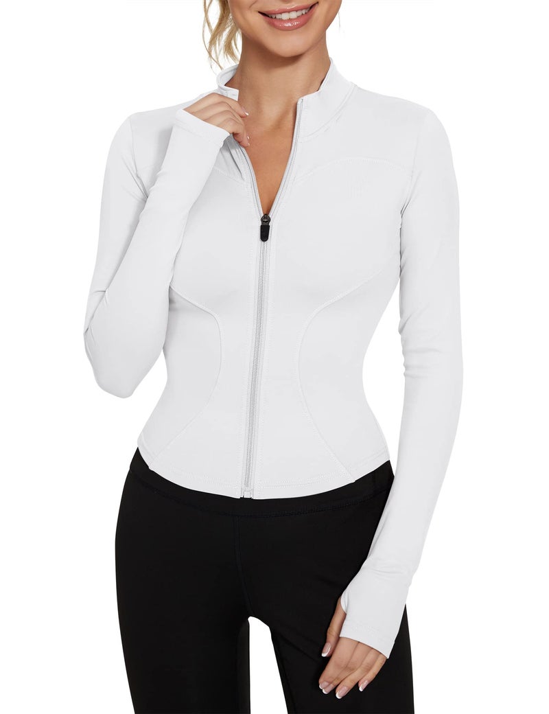 LUYAA White Zip Up Jackets for Women Athletic Workout Track Jacket Gym Clothes with Thumb Holes White L - Image 1