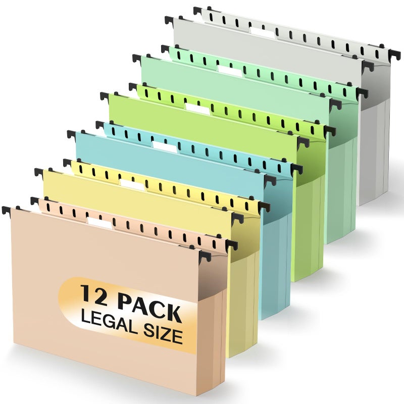 SHUTEX Extra Capacity Plastic Hanging File Folders,12 Pack Reinforced Expanding Hang Folder Legal Size,Accordian Pocket,Heavy Duty 2 Inch Expansion,Hanging Folder Organizer for Office Home, Pastel Colors - Image 1