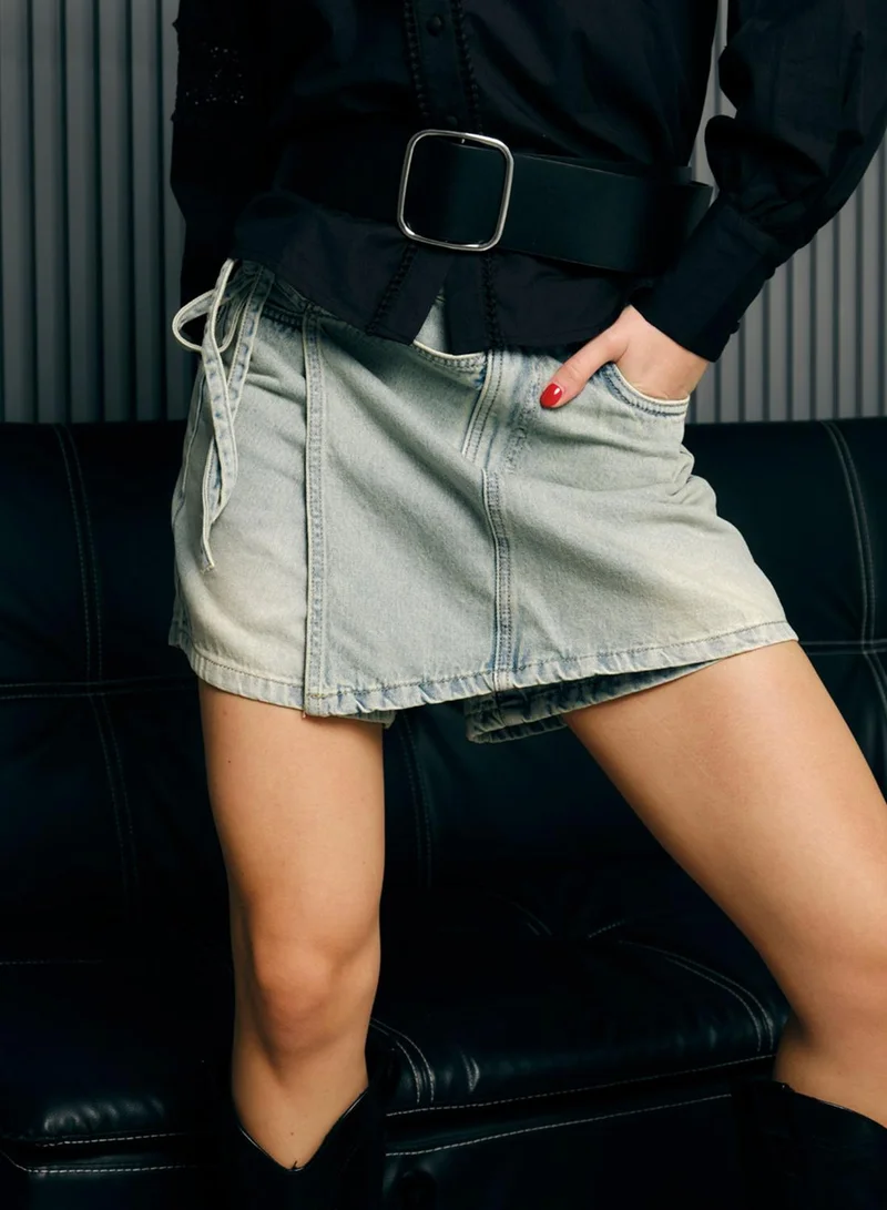 Virgio 100% Cotton Tie-Up Wrap Denim Mini Skorts
