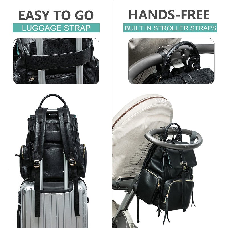MOMINSIDE حقيبة ظهر مومينسايد لحفاضات الأطفال مع 14 جيب، حقيبة جلدية للأطفال، حقائب حفاضات للأطفال، 4 جيوب معزولة، وسادة تغيير، أحزمة عربة (أسود) - Image 5