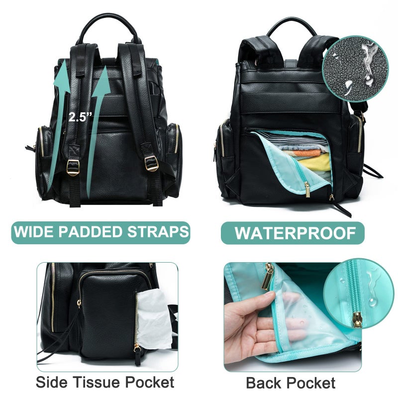 MOMINSIDE حقيبة ظهر مومينسايد لحفاضات الأطفال مع 14 جيب، حقيبة جلدية للأطفال، حقائب حفاضات للأطفال، 4 جيوب معزولة، وسادة تغيير، أحزمة عربة (أسود) - Image 4