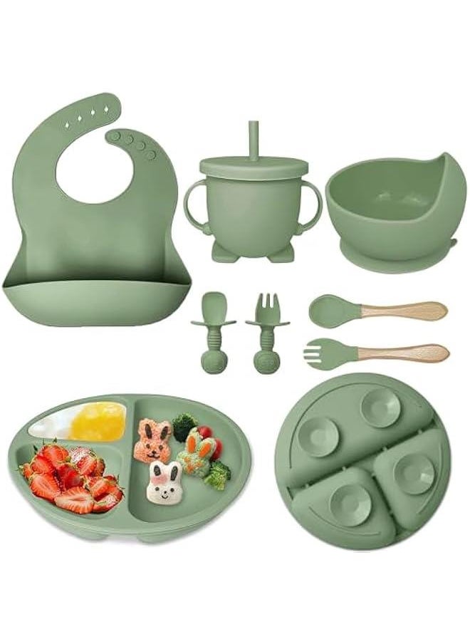 HOOKOR Baby Feeding Set, 8 Pcs Silicone Baby Led Weaning Supplies Includes Cup Baby Plate, Bowl, Adjustable Bib, Cup, Spoon and Fork,BPA Free Baby Weaning Utensils Set for 6+ Months (DeepGreen)  - Image 1