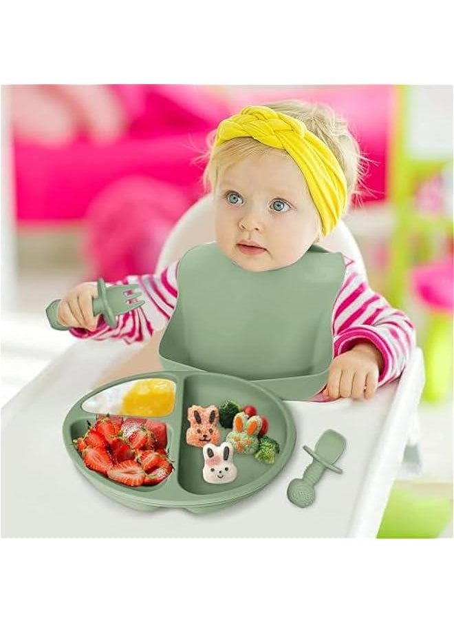 HOOKOR Baby Feeding Set, 8 Pcs Silicone Baby Led Weaning Supplies Includes Cup Baby Plate, Bowl, Adjustable Bib, Cup, Spoon and Fork,BPA Free Baby Weaning Utensils Set for 6+ Months (DeepGreen)  - Image 5