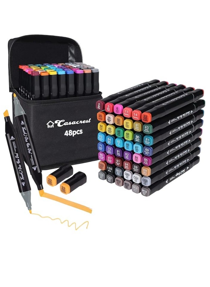 أقلام تحديد للأعمال الفنية مزدوجة الأطراف بعدد 48 لون مع شنطة حمل للرسم والتخطيط وفن الخط والتلوين بدون رائحة وغير سامة، أقلام تلوين دائمة للأطفال والكبار والمبتدئين متعددة الألوان من كاسكريست، رفيع - Image 1