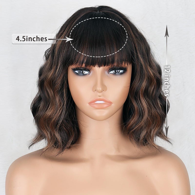 MISSQUEEN Black Mixed Brown Wigs Short Wavy Curly Wig with Bangs Shoulder Length Synthetic Hair Wigs Heat Resistant Fiber Wig for Daily Party (Black Mixed Brown) - Image 2