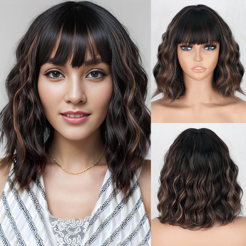 MISSQUEEN Black Mixed Brown Wigs Short Wavy Curly Wig with Bangs Shoulder Length Synthetic Hair Wigs Heat Resistant Fiber Wig for Daily Party (Black Mixed Brown) - Image 1