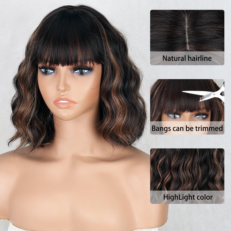 MISSQUEEN Black Mixed Brown Wigs Short Wavy Curly Wig with Bangs Shoulder Length Synthetic Hair Wigs Heat Resistant Fiber Wig for Daily Party (Black Mixed Brown) - Image 3