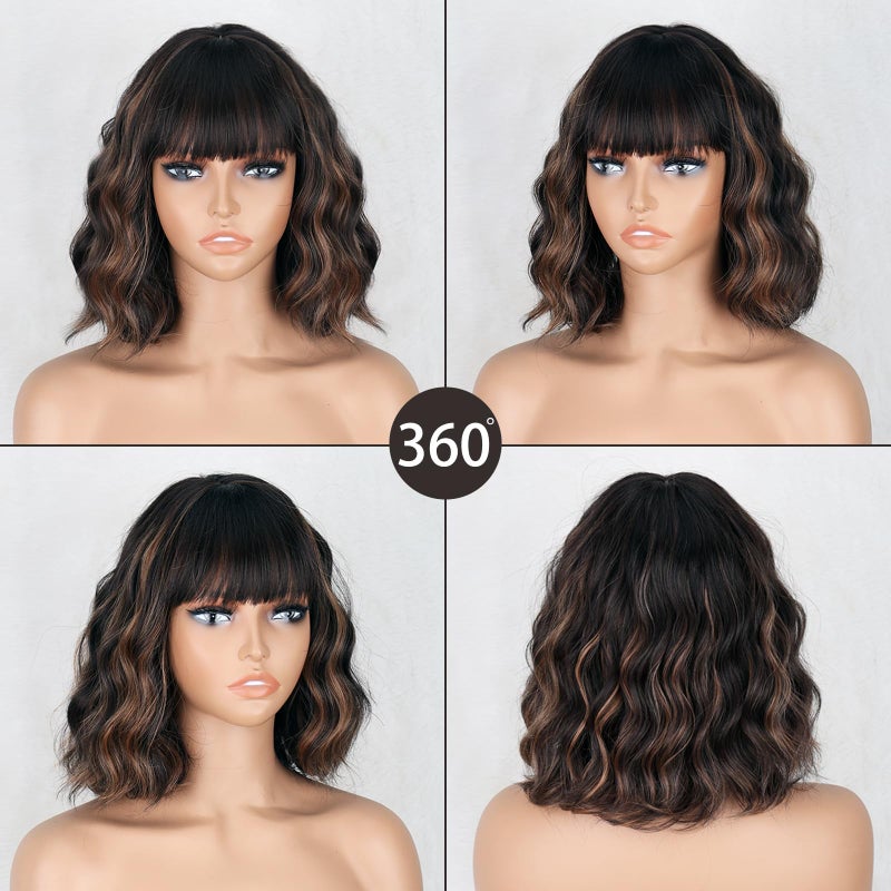 MISSQUEEN Black Mixed Brown Wigs Short Wavy Curly Wig with Bangs Shoulder Length Synthetic Hair Wigs Heat Resistant Fiber Wig for Daily Party (Black Mixed Brown) - Image 4