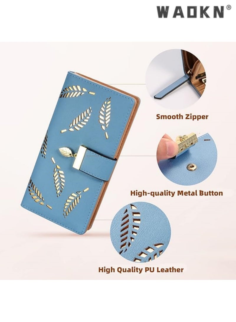 WAOKN Fashionable Women's Preferred Long Leaf Bifold Leather Wallet Card Holder with Delicate Zip Buckle, Elegant Clutch Purse, Multi-functional Storage, Versatile Handbag（Blue） - Image 4