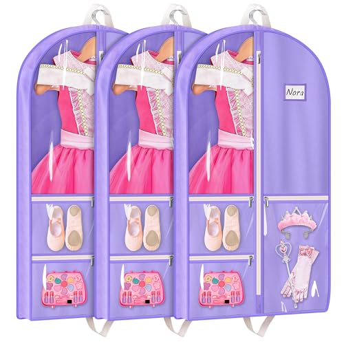 MISSLO Dance Garment Bags for Dancers 40" Garment Bags for Dance Costumes with 3 Pockets Cheer Uniform Garment Bag Hanging Kids Garment Bags for Competition, Travel, 3 Packs, Purple - Image 1