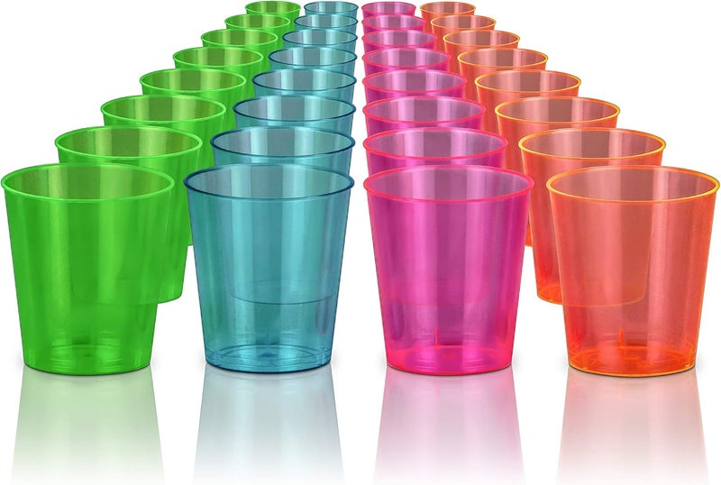 DecorRack كؤوس شوت نيون سعة 2 أونصة، أكواب بلاستيكية، أكواب حفلات قابلة للتصرف، كؤوس صغيرة (48 حزمة) - Image 2