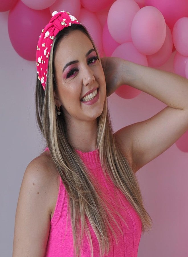 Uintoon Hot Pink Headband for Women Pearl Knotted Headband Sparkly Rhinestone Pearls Top Knotted Headbands Fashion Accessories Cute Hair Bands for Women Girls - Image 4