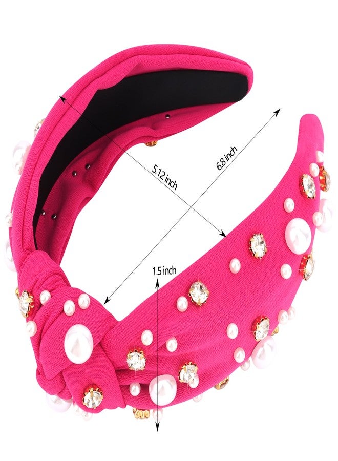 Uintoon Hot Pink Headband for Women Pearl Knotted Headband Sparkly Rhinestone Pearls Top Knotted Headbands Fashion Accessories Cute Hair Bands for Women Girls - Image 2
