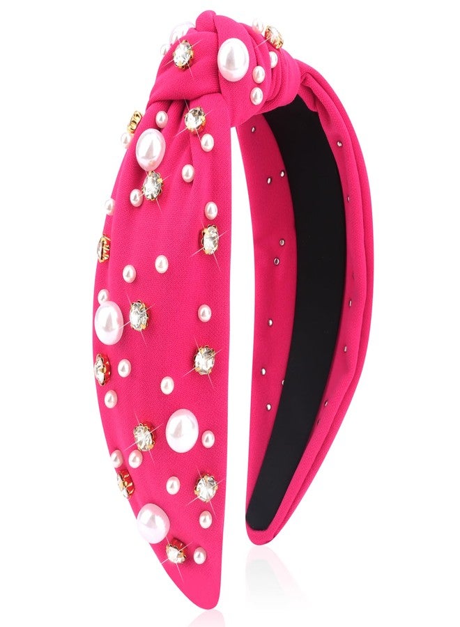 Uintoon Hot Pink Headband for Women Pearl Knotted Headband Sparkly Rhinestone Pearls Top Knotted Headbands Fashion Accessories Cute Hair Bands for Women Girls - Image 1
