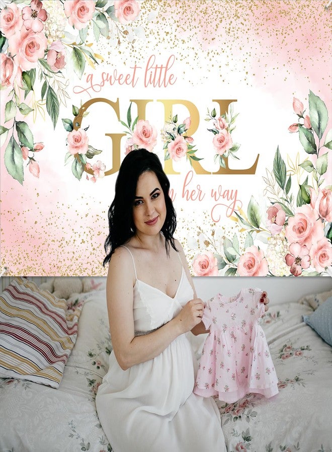 Avezano Girl Baby Shower Backdrop Pink Floral Sweet Baby Baby Shower Banner A Sweet Little Girl is on Her Way Party Decorations Banner 70.8 x 43.3 Inch - Image 4