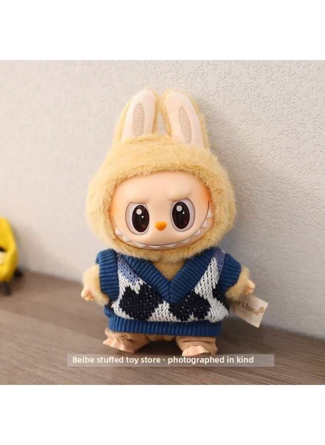 The First And Second Generation Of Macaron Labubu Doll Clothes Plush Vinyl Face Doll Pendant Cloth Sitting Party Series-Specifications:15cm Party Clothes-Color:Blue Diamond Vest + Pants (only Baby Clothes Sold)  - Image 1