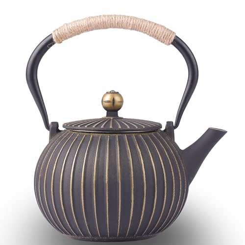 KalraMay Cast Iron Teapot - Japanese Tetsubin 34oz (1000ml) Enamel Coated Interior with Removable Stainless Steel Infuser, Stovetop Safe Tea Kettle for Tea Ceremony, Black Gold - Image 1