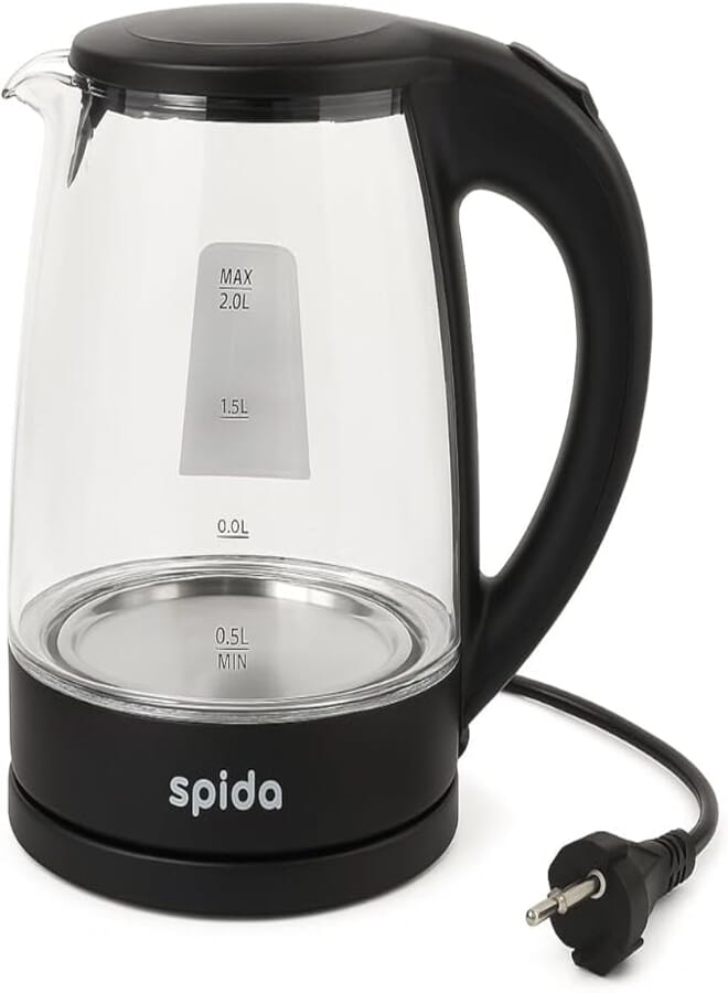 Spida SPD-DL0602 2L 2000W Electric Kettle – Glass Body, Sleek Design – Safe and stylish boiling with visible water level.