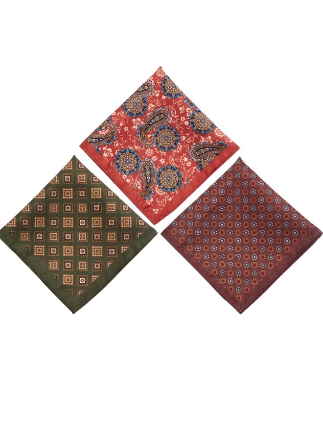 زوفيرنو كلاسيكو طقم مناديل الجيب للرجال من زوفرنو كلاسيكو - ٣ مناديل فاخرة (٢٨×٢٨ سم) - زيتي، برتقالي، بني - Image 1