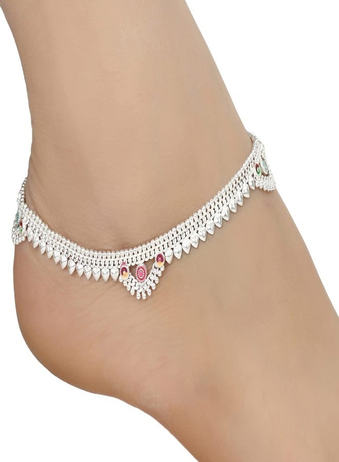 AanyaCentric Indian Traditional Ethnic White Metal Anklet Pair Silver Leg Bracelet For Women Payal Girls Kolusu - Image 2
