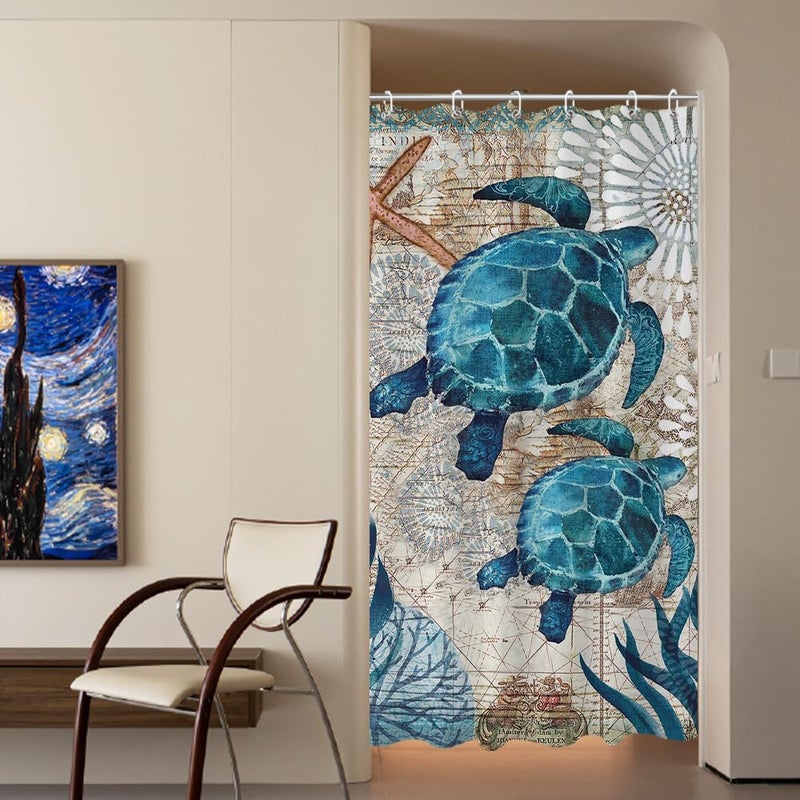 Final Friday Nautical Green Sea Turtles Beach Theme Fabric Shower Curtain Sets Bathroom Blue Ocean Decor with Grommets and Hooks - 36 W x 72 H Inch Teal - Image 2