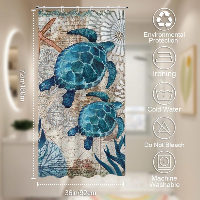 Final Friday Nautical Green Sea Turtles Beach Theme Fabric Shower Curtain Sets Bathroom Blue Ocean Decor with Grommets and Hooks - 36 W x 72 H Inch Teal - Image 3