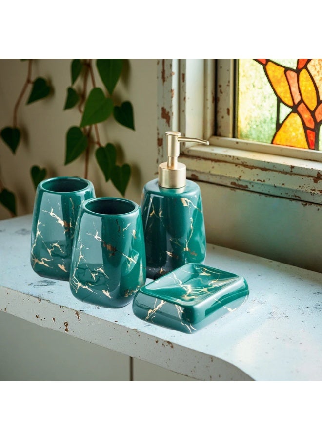 Dark green bathroom accessory set: mouthwash cup, lotion dispenser and soap dish - Image 2