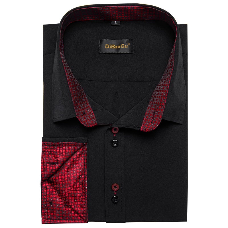 DiBanGu Men's Dress Shirt Long Sleeve Casual Button Down Shirts Regular Fit Inner Contrast Shirt for Business Party, Black and Red, Large - Image 5