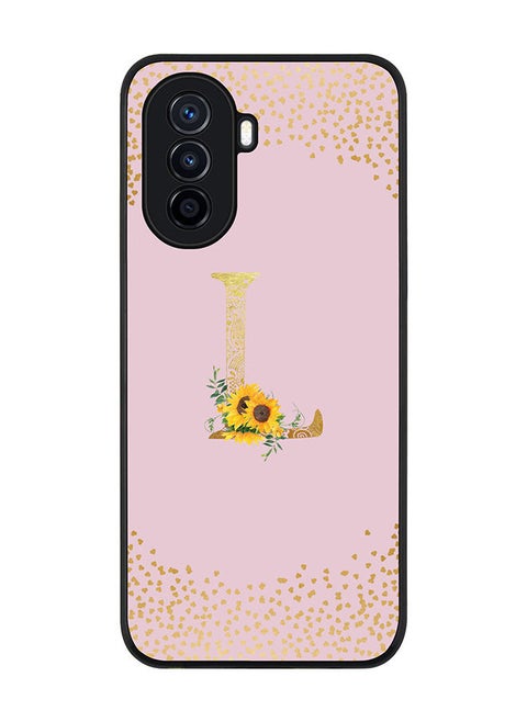 Rugged Black edge case for Huawei Nova Y70  Slim fit Soft Case Flexible Rubber Edges Anti Drop TPU Gel Thin Cover - Custom Monogram Initial Letter Floral Pattern Alphabet - L (Pink )