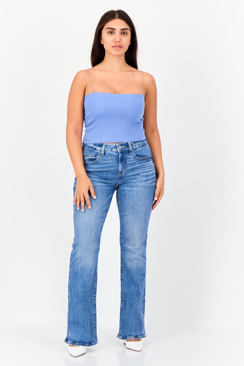 Pull & Bear Women Square Neck Sleeveless Ribbed Tank Top, Slate Blue  - Image 2