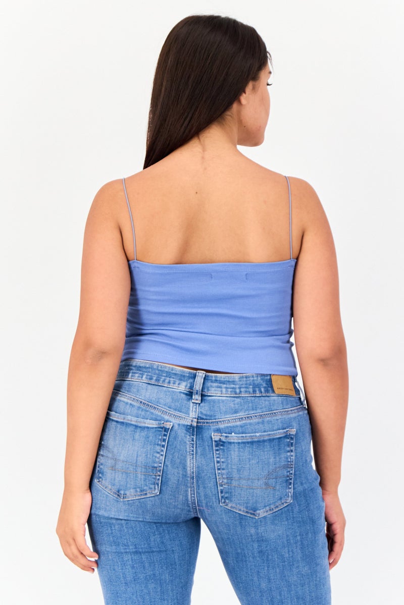 Pull & Bear Women Square Neck Sleeveless Ribbed Tank Top, Slate Blue  - Image 4