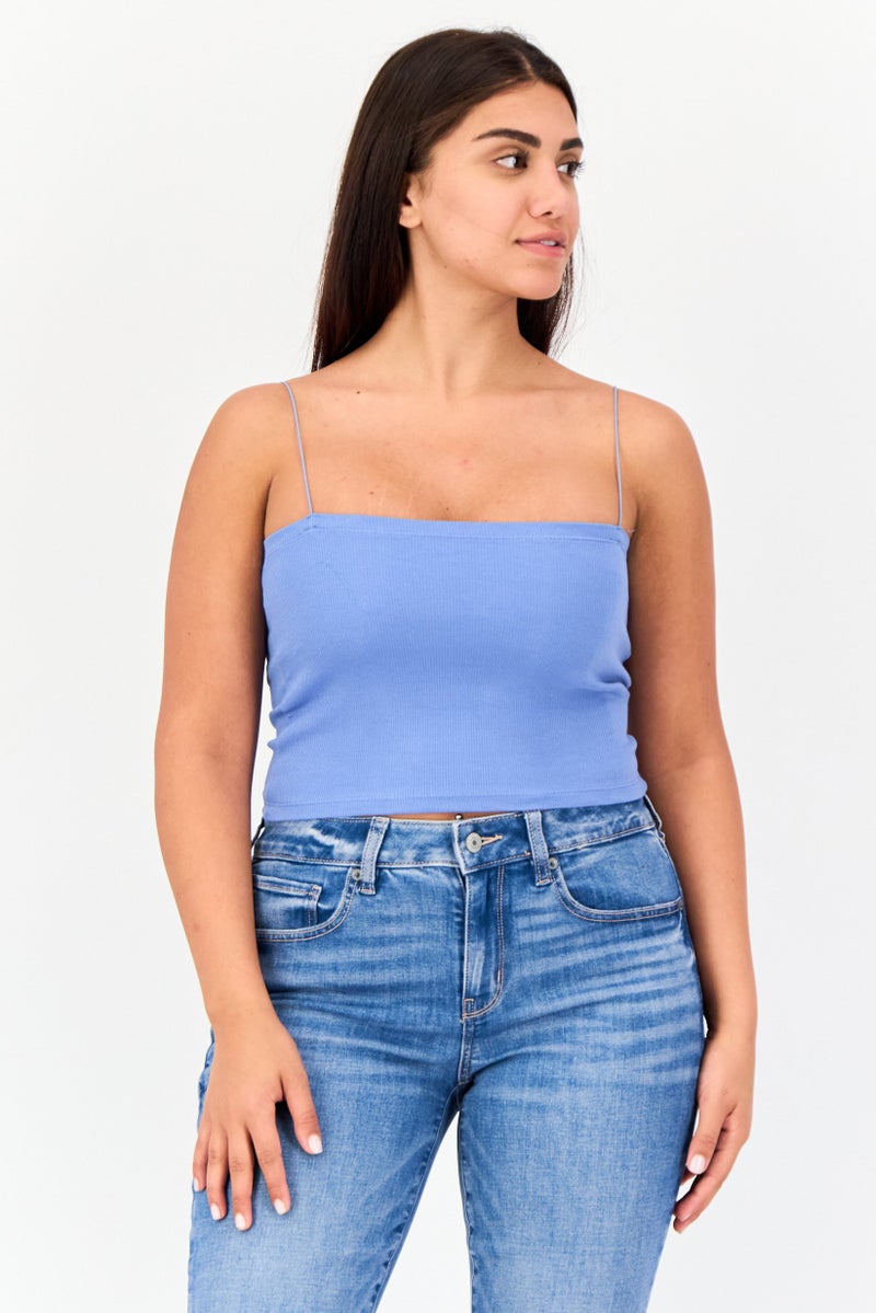 Pull & Bear Women Square Neck Sleeveless Ribbed Tank Top, Slate Blue  - Image 1